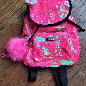 Justice New Backpack Pink Sequin with Flamingo Pom